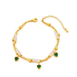 316L Stainless Steel New Fashion Fine Jewelry 2-Layer Embed Heart Shape Zircon Crystal Beading Love Charm Chain Anklet For Women