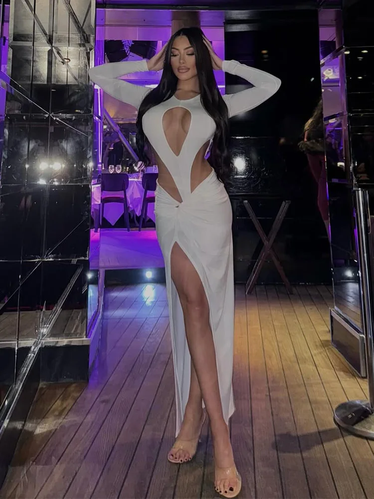 

Solid Women Sets 2 Pieces Fshion Sexy Streetwear Hollow O-Neck Sheath Side Split Long Sleeves (Bodysuits+Skirt)Female Tracksuits