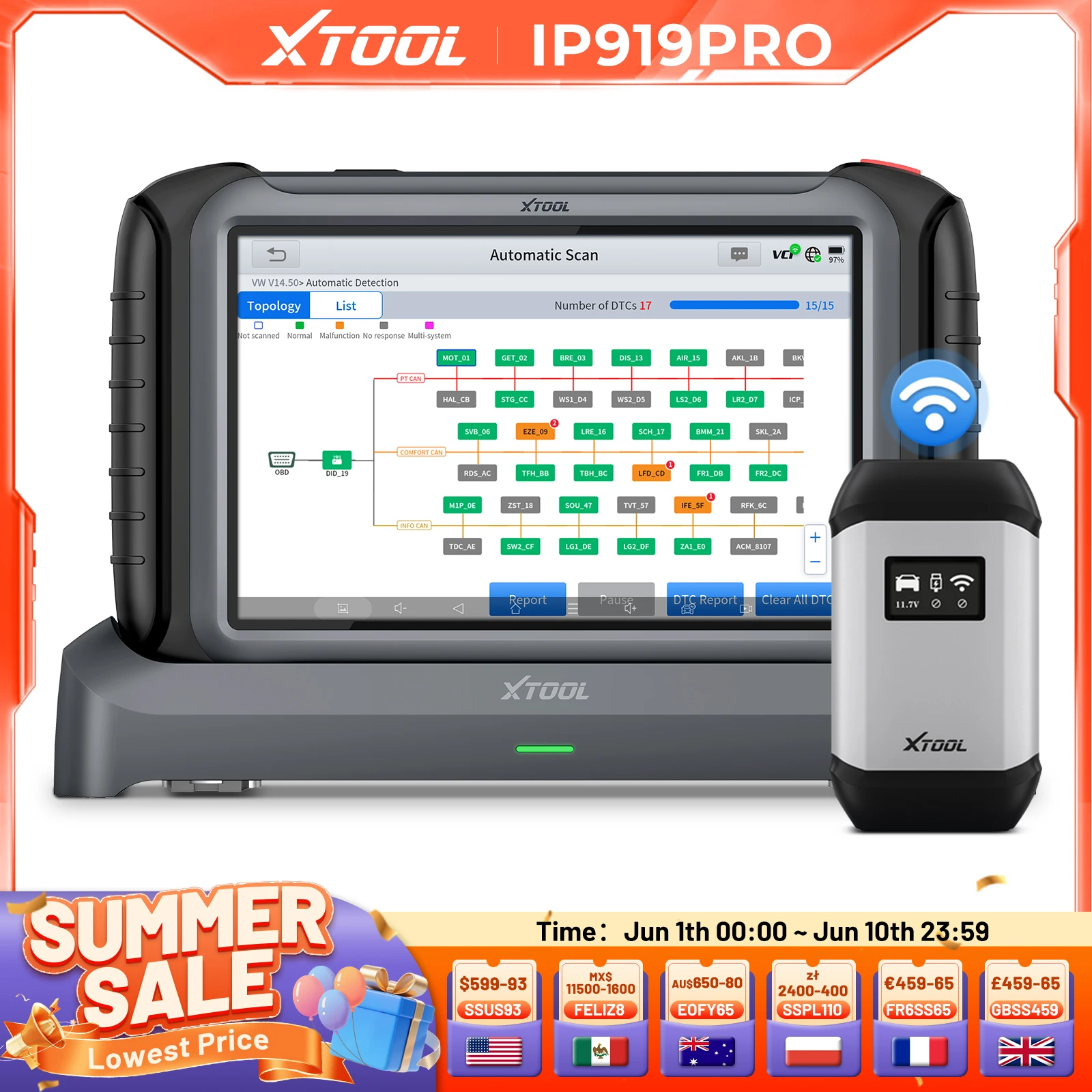 XTOOL INPLUS IP919 Pro Automotive Scanner Key Programmer All System Diagnosis ECU Programmer with 51+Resets CAN FD DOIP FCA