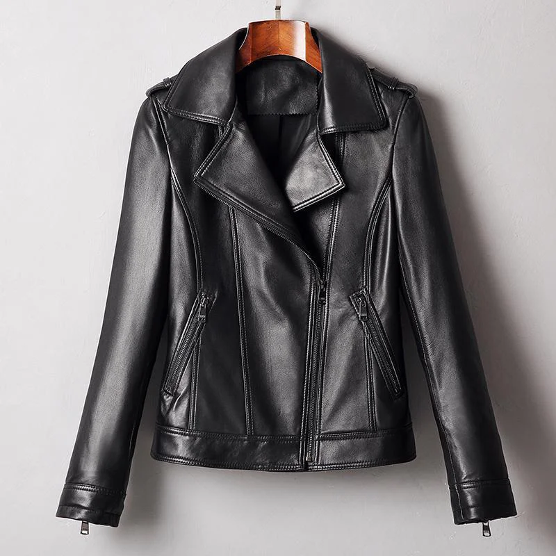 Haining Leather Women's Sheepskin Slim Short Suit Lapel Motorcycle Leather Jacket Spring and Autumn Lapel Coat Women's Clothing