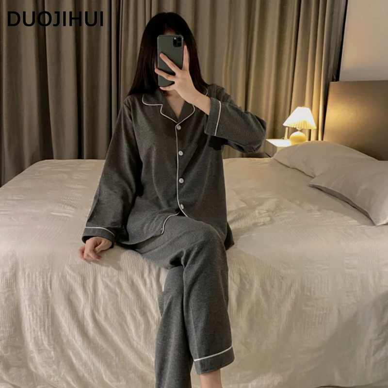 DUOJIHUI Black Korean Style Casual Home Pajamas for Women New Solid Color Button Cardigans Loose Pants Simple Female Pajamas Set