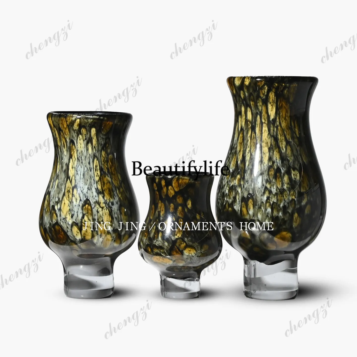 French retro leopard print malachite green glass vase bell mouth coffee table front desk bookshelf decoration