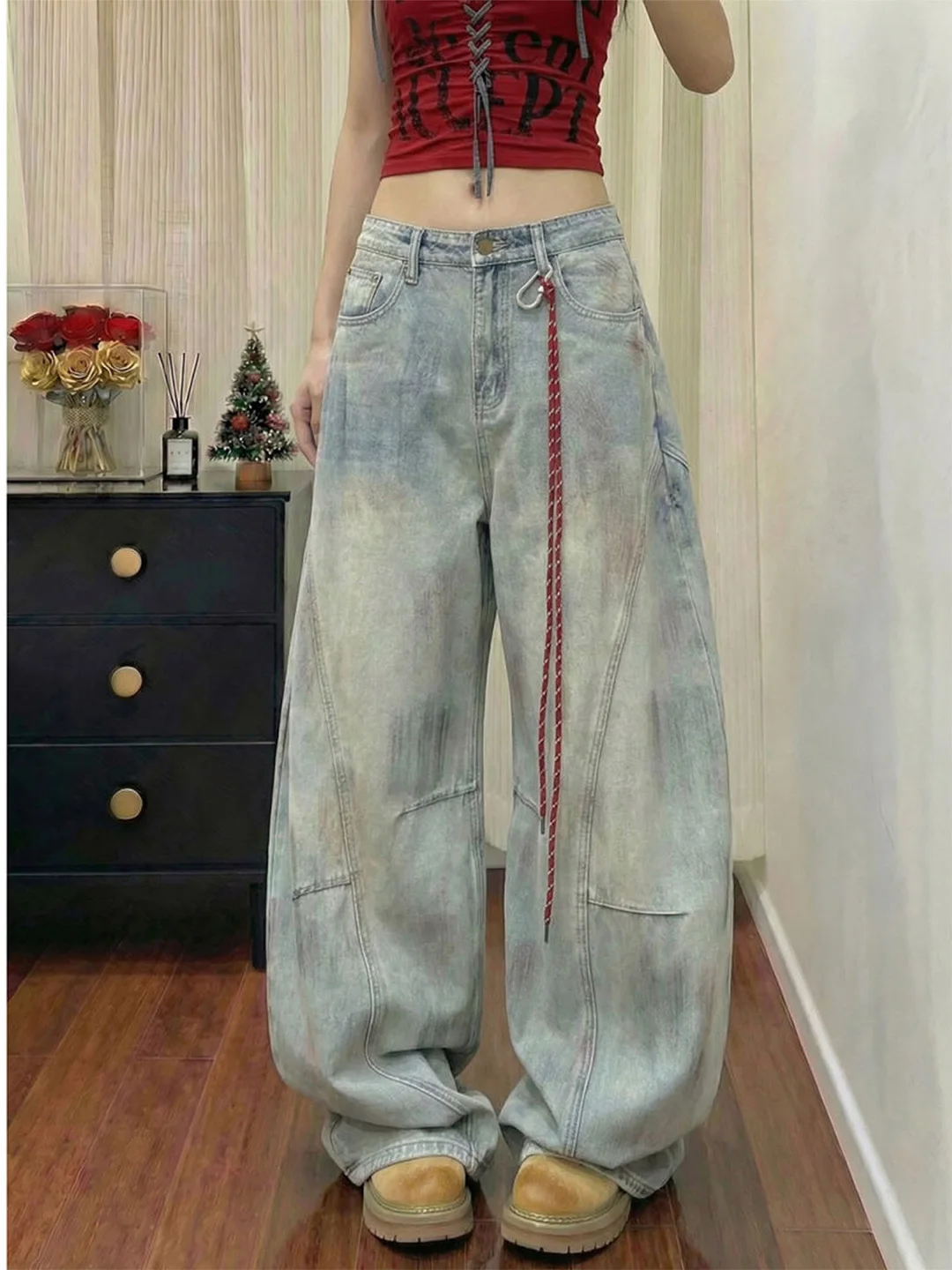 

Retro American Tie Dye Wide Leg Jeans Women's High Waist Straight Cut Denim Pants Summer 2026 Fashion High Street Style