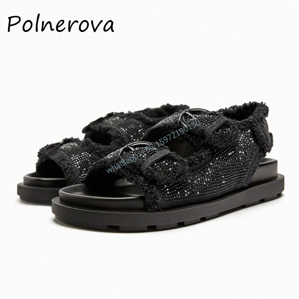 Bling Make Old Roman Sandals Round Toe Flat with Buckle Strap Thick Soled Shoes Solid Crystal Cool Girl Versatile Concise Shoes