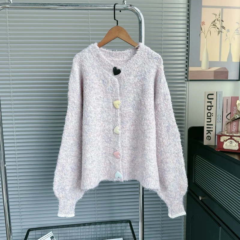 الحب زر تصميم سترة مشغولة من الصوف المرأة الجديدة لطيف كسول نمط لينة جولة الرقبة سترة الخريف الشتاء مجموعة جديدة فضفاضة #4