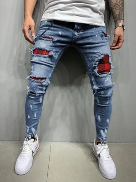 2025 Jeans Pencil Pants Holes Distressed Men Streetwear Denims Patchwork Mid Waist Slim Fit Washed Denim Ankle Length Trousers