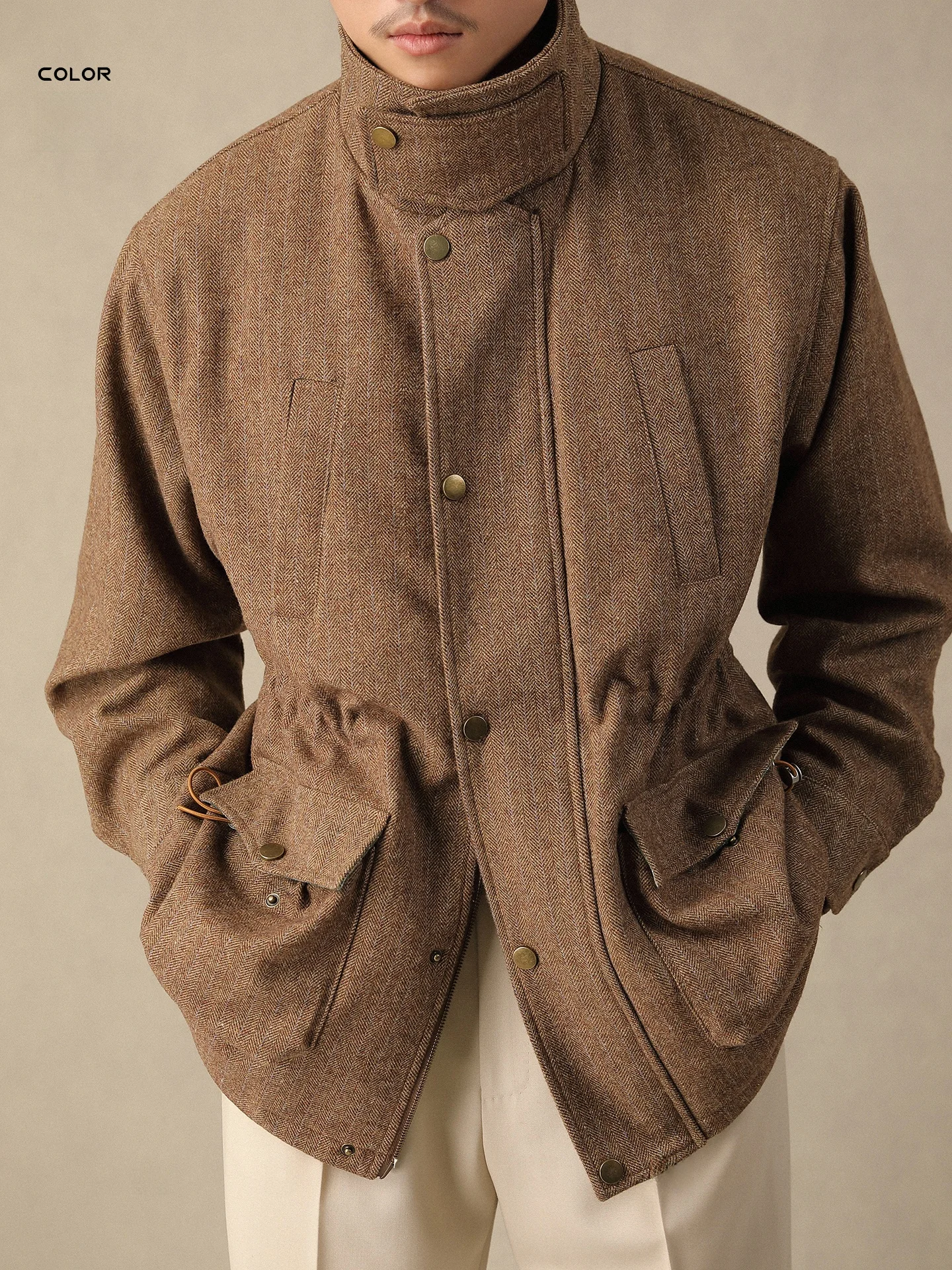 

Теплая шерстяная охотничья куртка для мужчин, свободный крой, винтажный стиль, длинный рукав, на молнии, повседневная, с воротником-стойкой, тренчкот