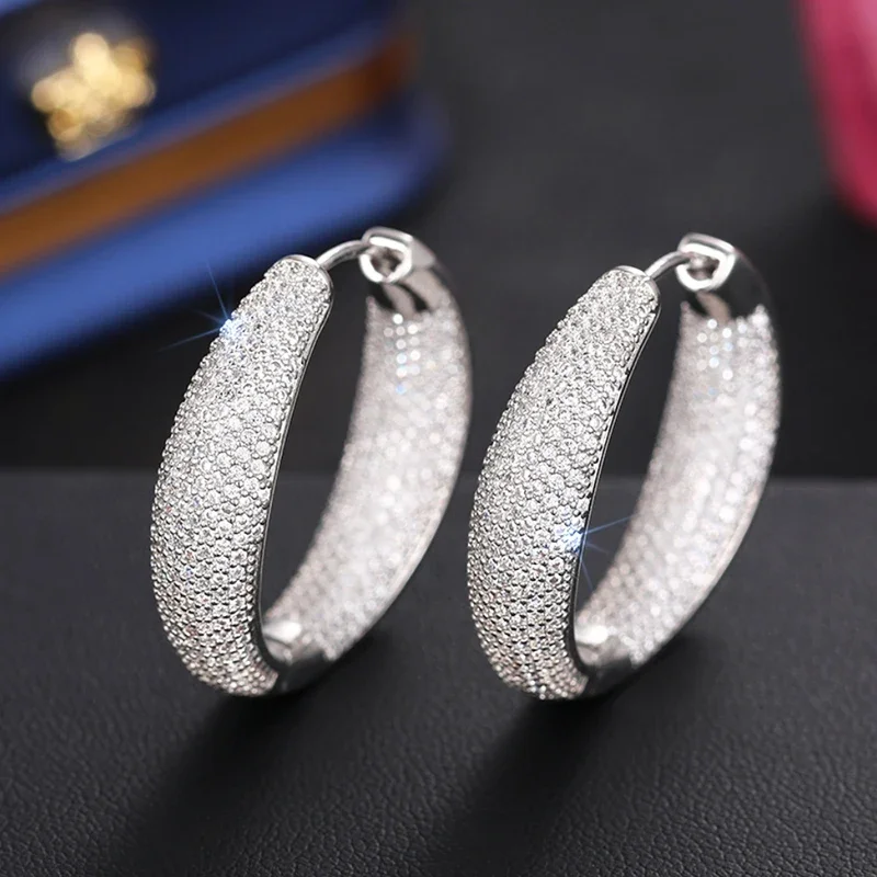 Huitan Bling Bling Hoop Earrings Silver Color/Gold Color Full CZ Luxury Trendy Earrings for Women Wedding Party Gorgeous Jewelry