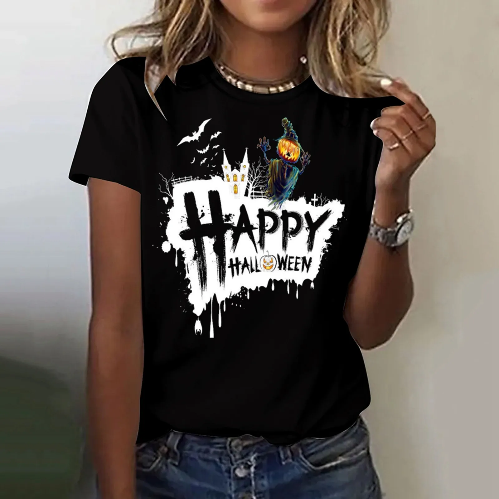 

Pumpkin Funny Printed T-Shirt Halloween Theme Casual Tee Shirt for Women Round Neck Short Sleeve Loose Fittting Tops Tee