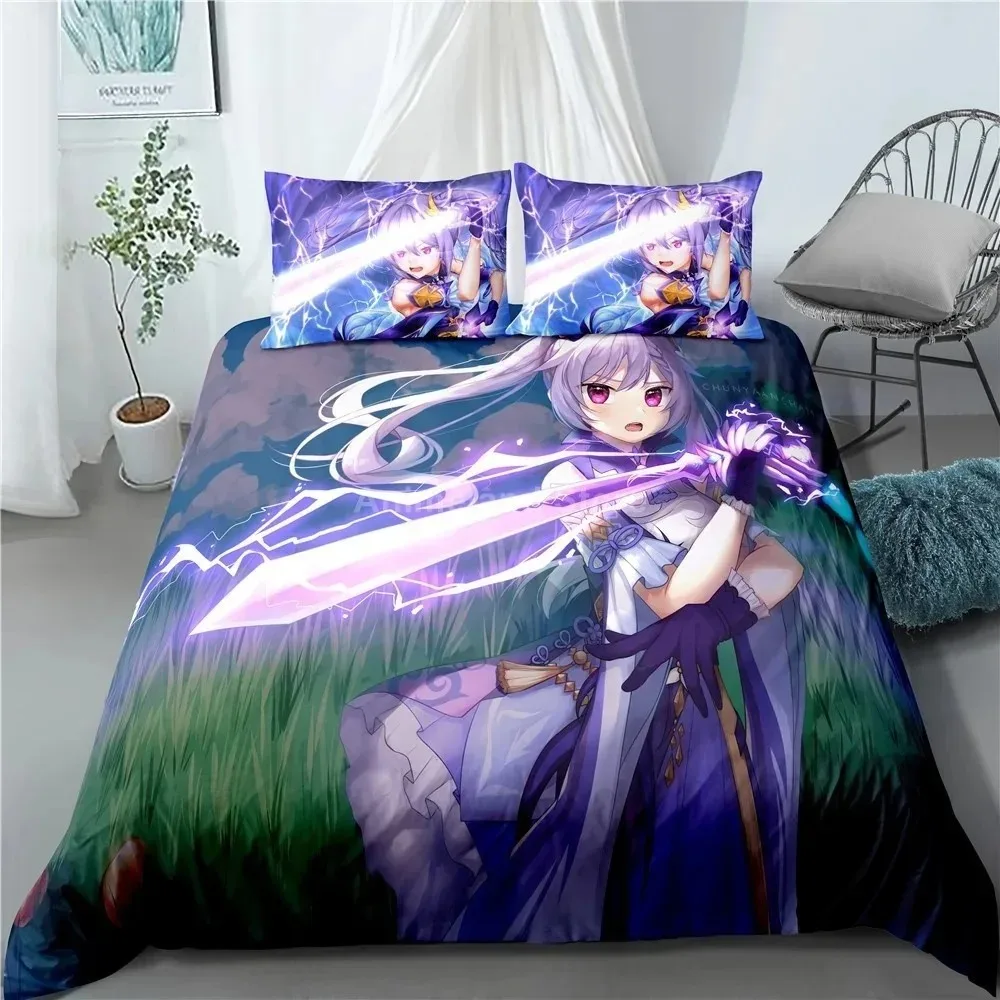 Keqing Bedding Set Genshin Impact Game 3d Print Bed Linen Quilt Soft Duvet Cover Sets Home Room Decor Queen King Size Purple