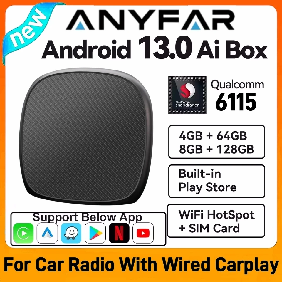Android 13 ANYFAR Android Auto Wireless CarPlay AI TV Box QCM6115 8-Core Split Screen 64G 128G For Netflix Play Store