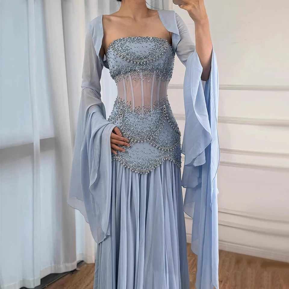 맞춤형 럭셔리 진주 태슬 블루 이브닝 드레스 플로잉 코트 케이프 크리스탈 정교한 2025 비치 파티 가운 이브닝 드레스