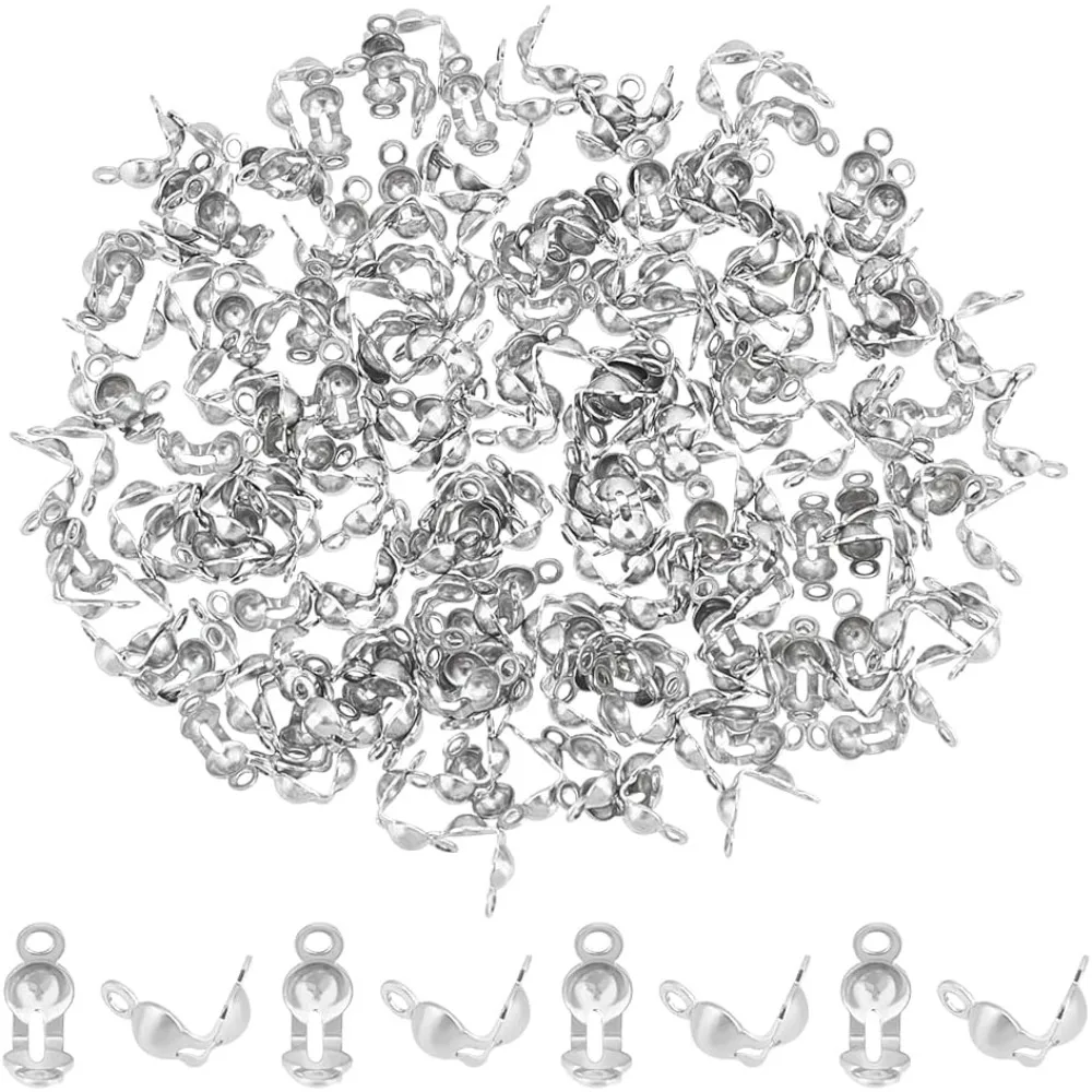 Cerca de 500 peças 5mm de aço inoxidável ponta de cordão termina aberto clamshell crimpagem pontas de contas nó cobre tampas de extremidade descobertas de joias para