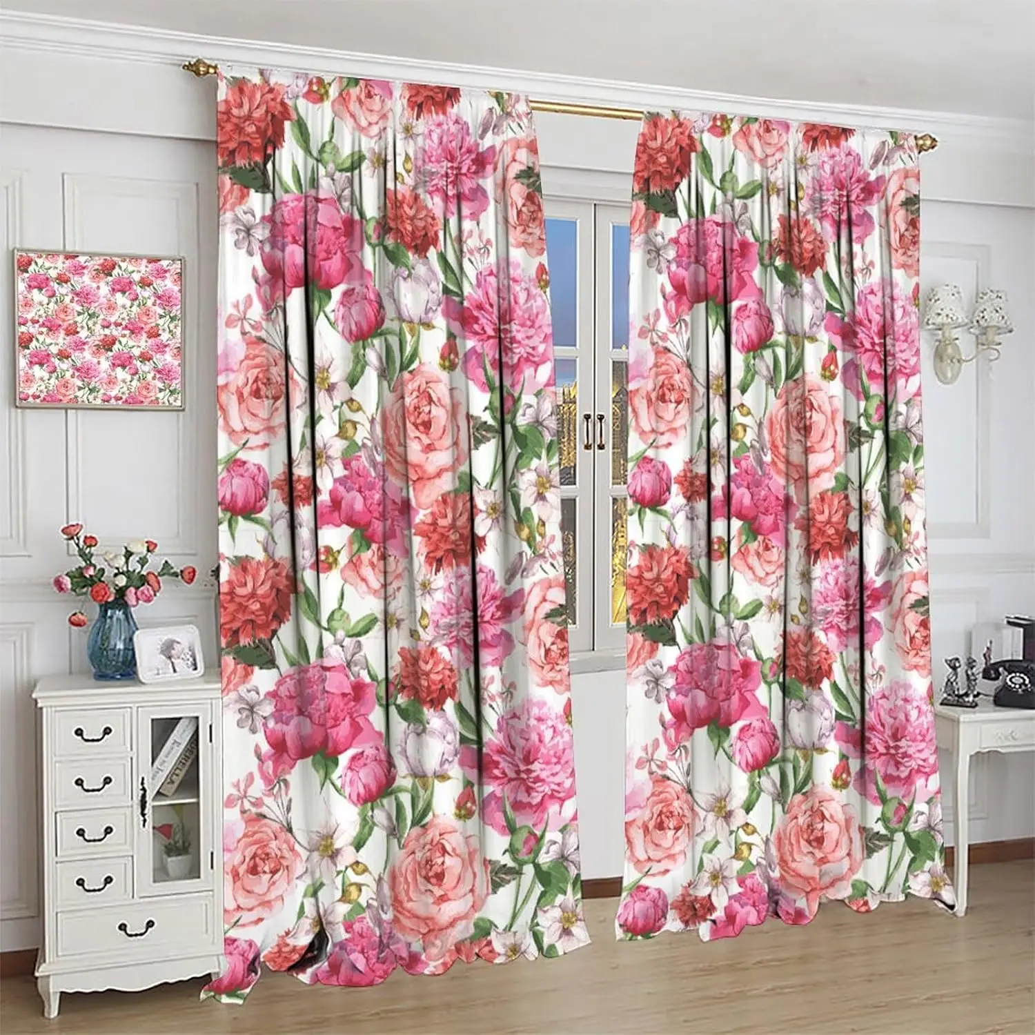 Watercolor Flower Blackout Window Curtain,Victorian Floral Pattern Painting Style Print with Peonie for Kitchen Bedroom Children