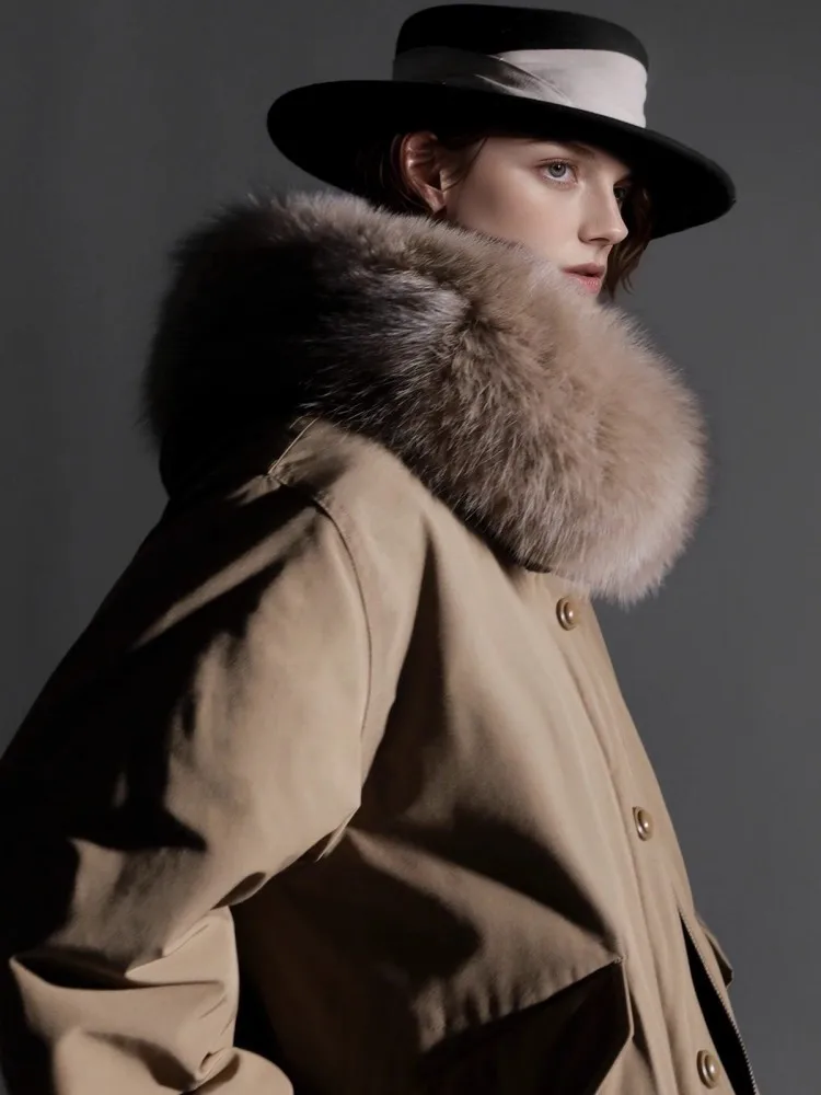 Winter Women Hooded Coat Single Breasted Medium Long Casual Overcoat High Street Fashion Goose Down Warm For Collar Cargo Jacket