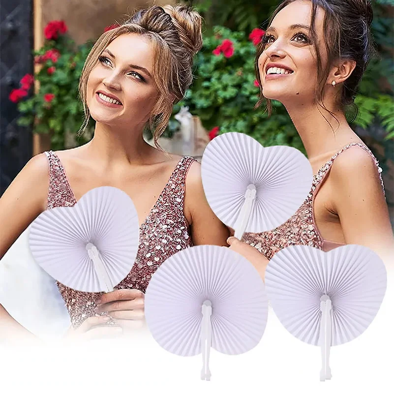 12Pcs White Paper Folding Fans Heart-Shaped Round Fans Party Outdoor Gatherings Birthday Wedding Decor DIY Accessories