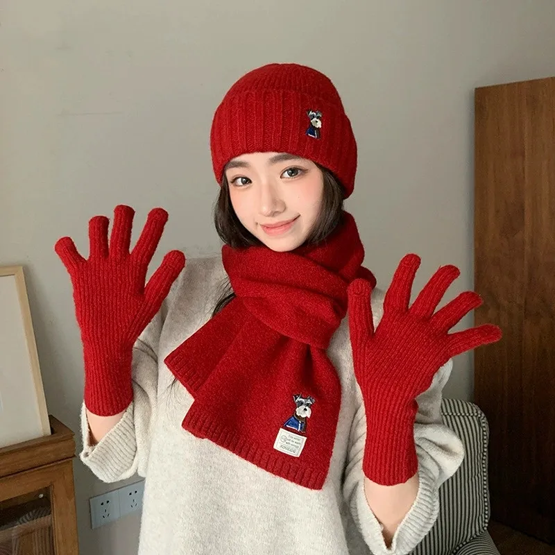 Korean Style Knitted Embroidered Puppy Hat, Scarf and Gloves Three-piece Set for Women Winter Warm Ear Protection Hat