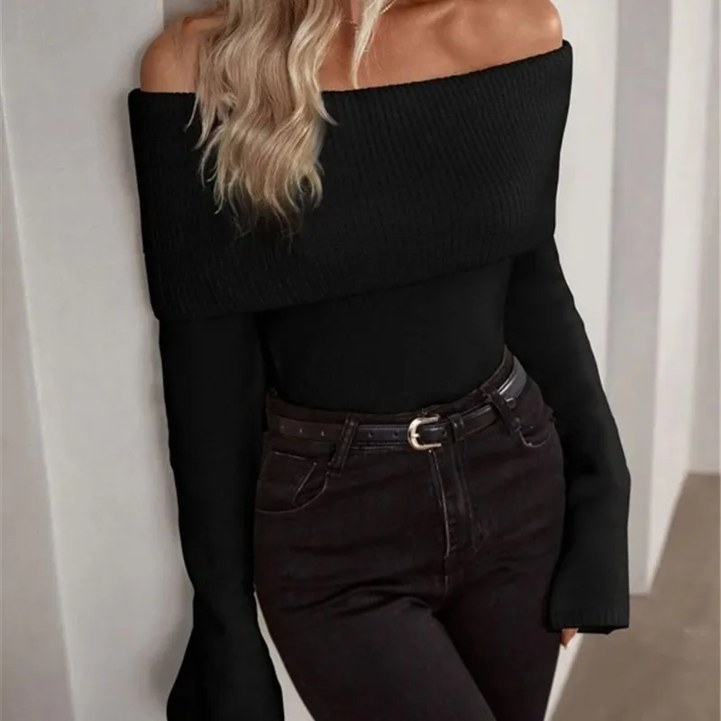 Mode Herfst Vrouwen Off Schouder Trui Lange Mouw Elegant Casual Solid Gebreide Tops Sexy Trui Kleding