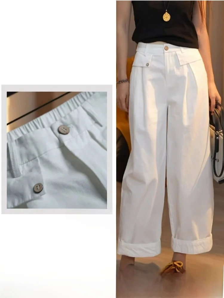 

Свободные брюки с широкими штанинами, стильные, с высокой талией, прямого кроя, с защитой от солнца, модные, универсальные, кремового цвета, женские, повседневные.