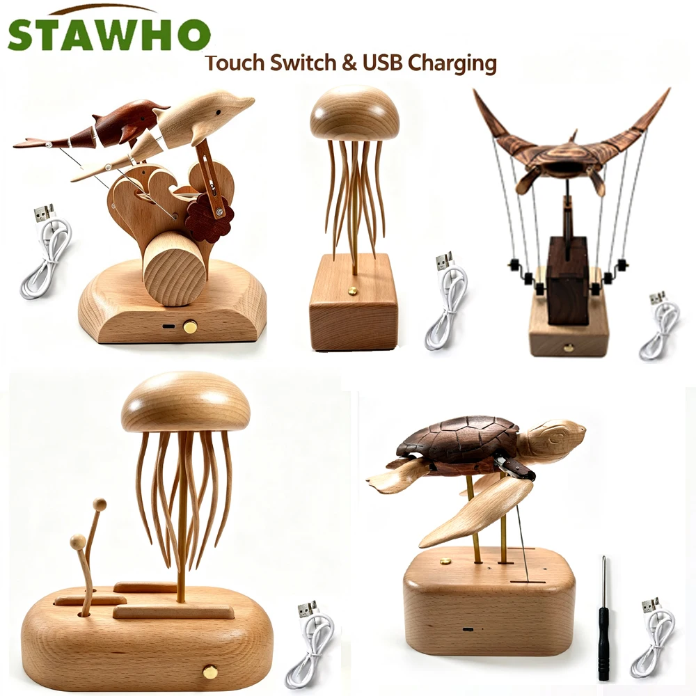 1Set Handmade Wooden Kinetic Art Figurine USB Touch Switch Desk Ornament Jellyfish Turtle Dolphin Manta Ray Home Decor Gift