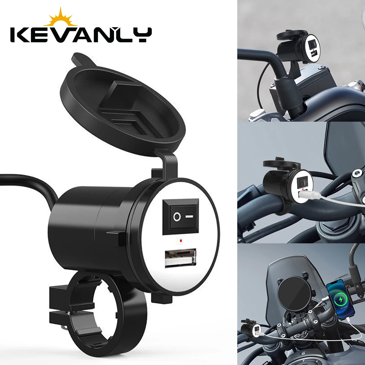 12V/24V Power Supply Adapter Motorcycle QC3.0 USB Fast Charger with Switch Motorcycle Handlebar Installation Phone Charging