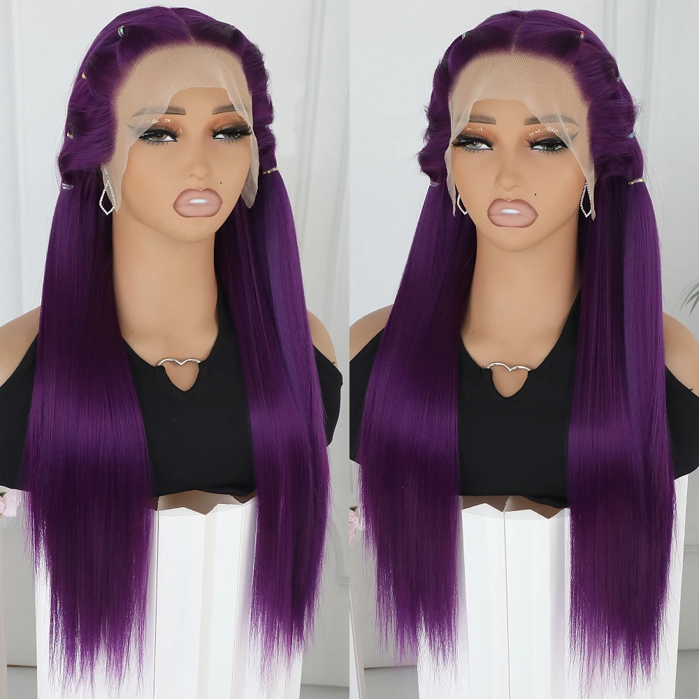 Apolaurel Dark Purple Synthetic Lace Front Wig 13x4 Silky Straight Long Hair Wig for Women Purple Color Cosplay Daily Wear