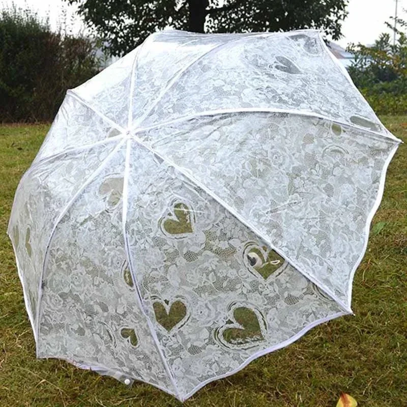 Transparent Princess Wedding Umbrella White Lace Heart Parasol Women Rain Outdoor Thicken PVC Clear Umbrellas For Lovers Girls