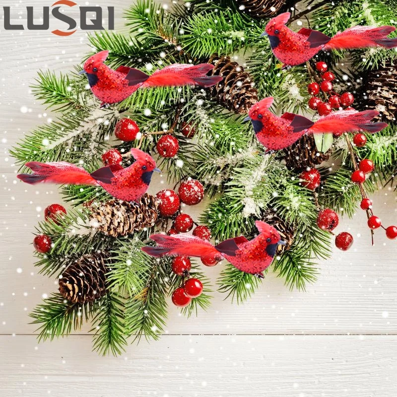 LUSQI 6PCS Red Feather Glitter Bird Ornaments Waterproof Christmas Tree Hanging Decor Wedding Party Garden Decoration Gift