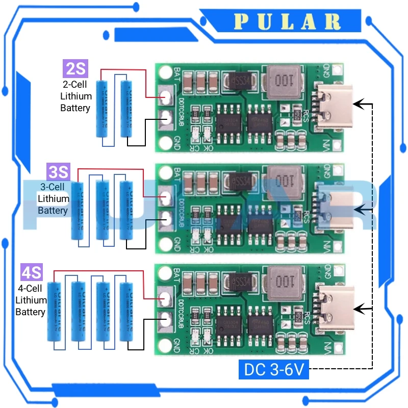 18650 Lithium Battery Multi-Cell 2S 3S 4S Type-C To 8.4V 12.6V 16.8V Step-Up Boost LiPo Polymer Li-Ion Charger 7.4V 11.1V 14.8V