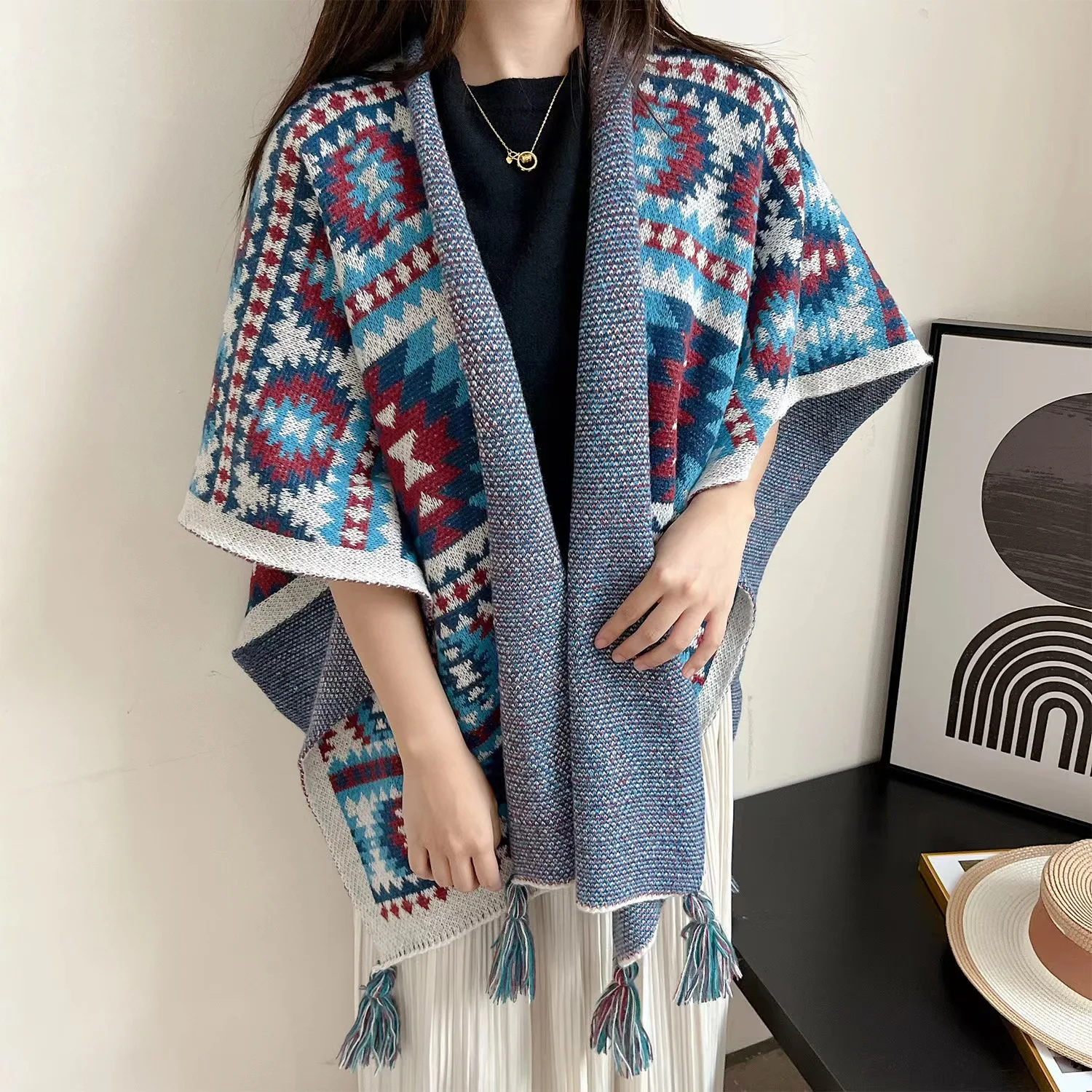 Cloak Poncho Capes Tourism shawl autumn and winter ethnic style knitted cape new style external scarf split shawl Green