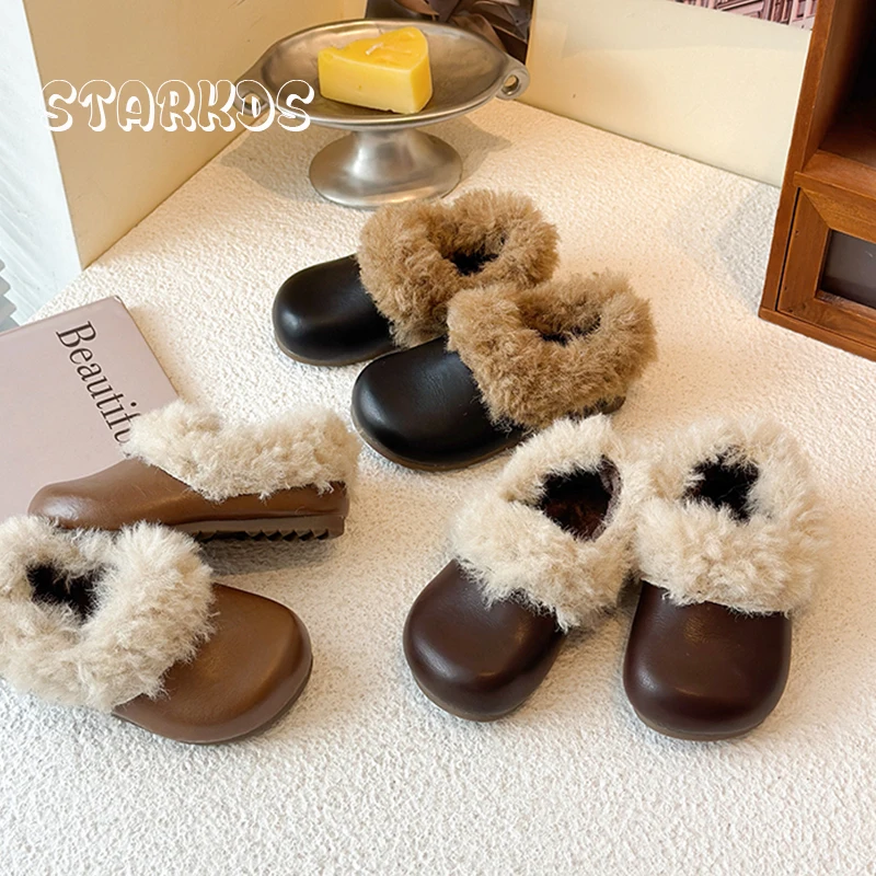 

Fur Loafers Kid Girl Round Toe Fluffy Slip-on Flat Zapatos Baby Child Winter Warm Plush Leather Ballet Shoes Outdoor Short Boots