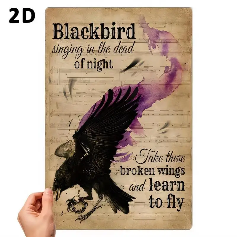 2D Blackbird Vintage Metal Tin Sign - Retro Sheet Music, Purple Watercolor & Broken Wings Lyrics, Iron Wall Art for Room/Cafe/Ba