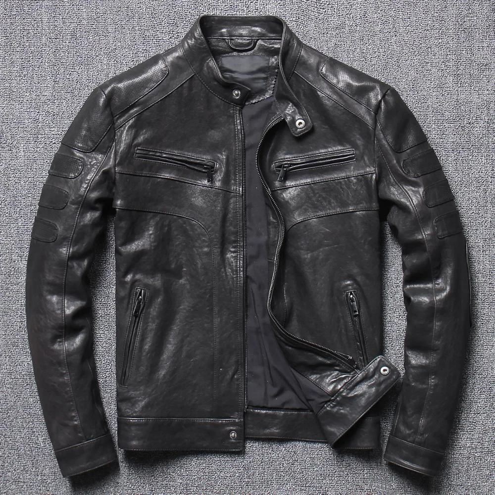 

genuine Free shipping.quality Mens leather Jacket,motor black slim goatskin biker coat.wholesales.cool tanned leather clothes