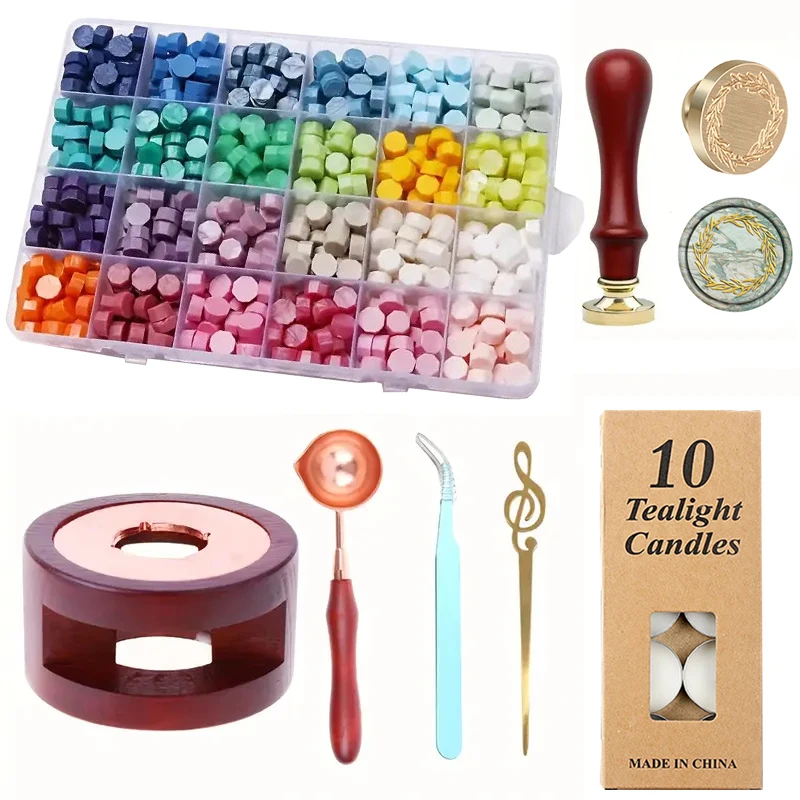 

Wax Seal Kit with Box, 600pcs Wax Seal Beads with Wreath Wax Seal Stamps, Sealing Wax Warmer with Spoon, Tweezers, Stir Pin