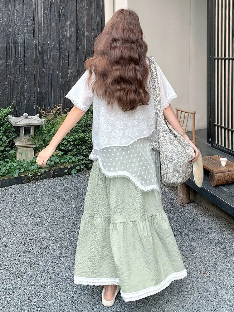 Verão renda assimétrica design feminino conjunto de duas peças vaion sle doce coreano saia linha a ort sve redondo ne topo