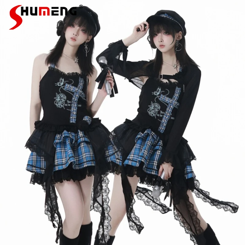 

Subculture Y2k Plaid Skirt Set Summer Punk Japan Style Kawaii Print Lace Sleeveless Neck Top Mini Skirt Cardigan Womens Outifits