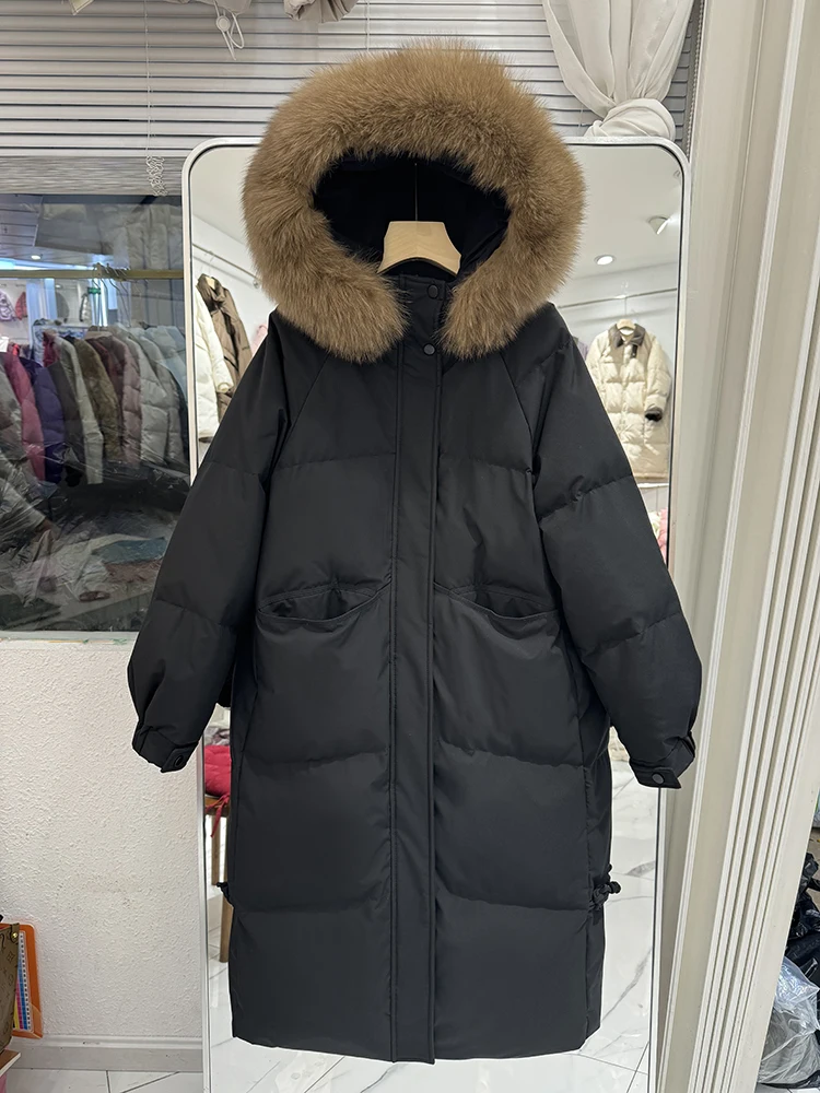 90% eendendons jas donsjack dames luxe bovenkleding lange puffer jas warme vrouwelijke pluizige parka's losse 2025, echte vossenbontkraag