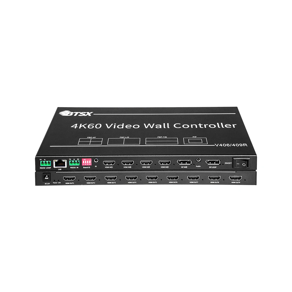 4K60 Rotary Video Wall Splicer 5 Input 9 Output HDMI DP 4-Window PIP 90/180 Degree Rotation RS232 for CCTV Advertising Display