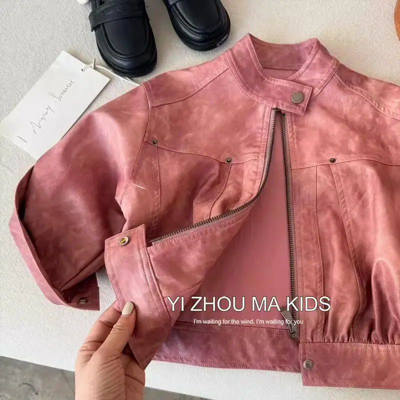 

Children's Jacket 2025 New Autumn Boys' and Girls' Solid Color Zipper Leather Jacket Baby Korean Edition Leather Jacket 90-140CM
