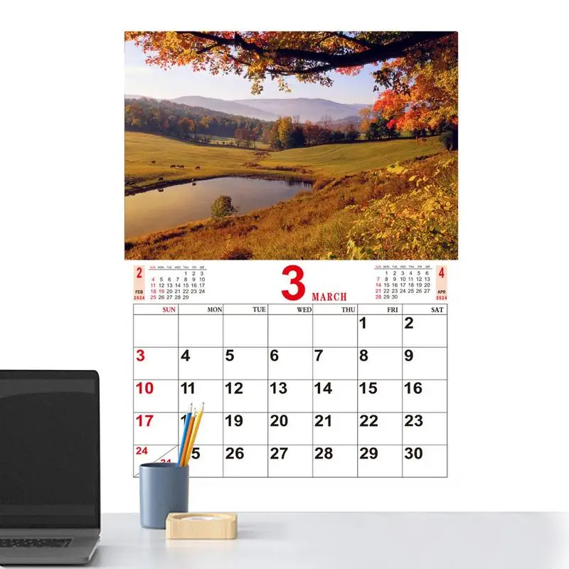 Calendario mensual de pared para fotografía de naturaleza, portátil, para pared de sala de estudio, 2024