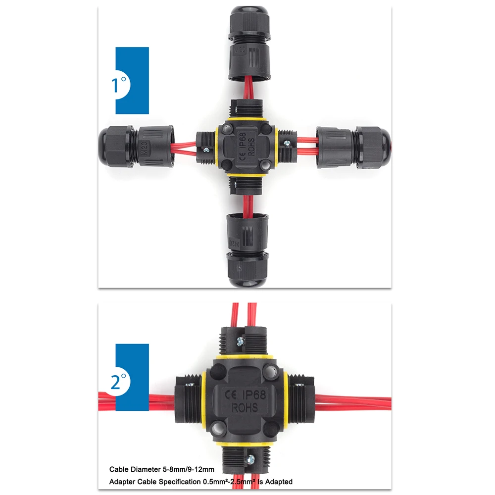IP68 M20 Cross-Type Outdoor Waterproof Wire Connector Junction Box 2/3 Pin Threaded Terminal Cable Rain Proof Connectors DIY GO
