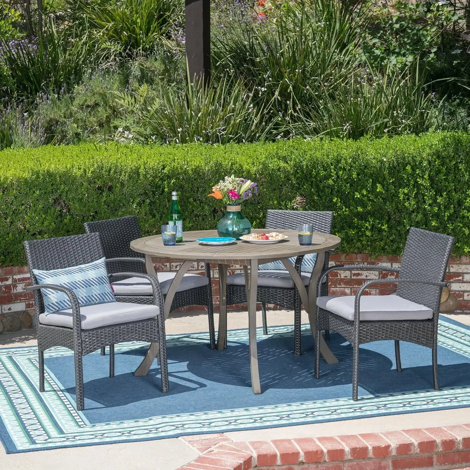 Chilton Outdoor 5 Piece Acacia Wood and Wicker Dining Set, 22.1 