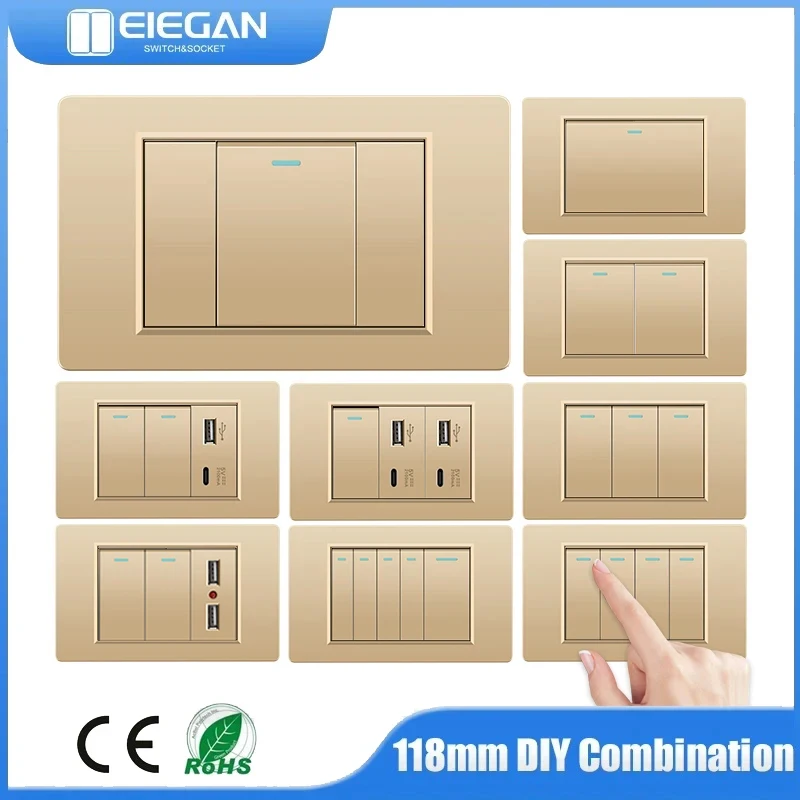 

A18 118mm EU BR US Standard 1/2/3/4/5 Gang 2/3 Way Wall Light Switch 20A Gold PC Panel Push Button Rocker Switch