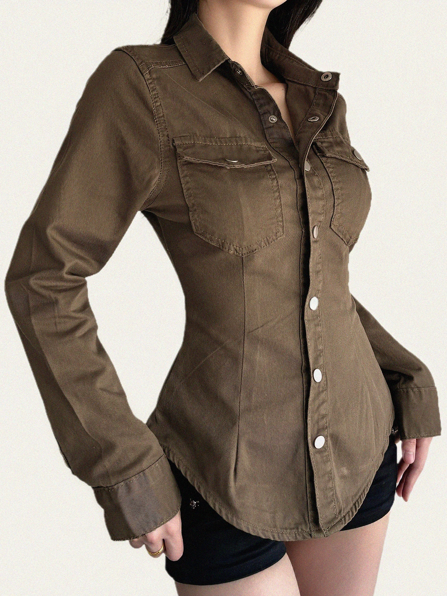 

Винтажная коричневая повседневная рабочая одежда Long Sve irt с пуговицами на талии, смесь хлопка и полиэстера для девочек irt