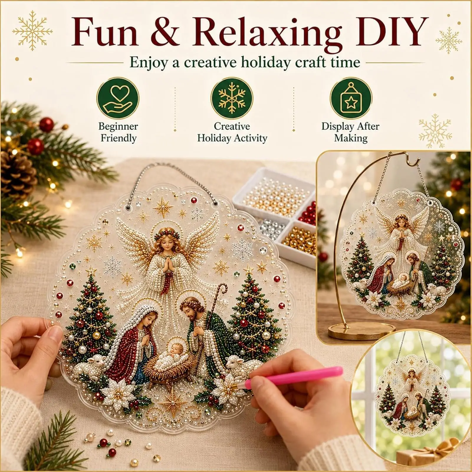 Christmas Pearl Art DIY Angel Nativity Scene Board Christmas Pearl Painting For Trees Window Holiday Crafts Beginners DIY Home