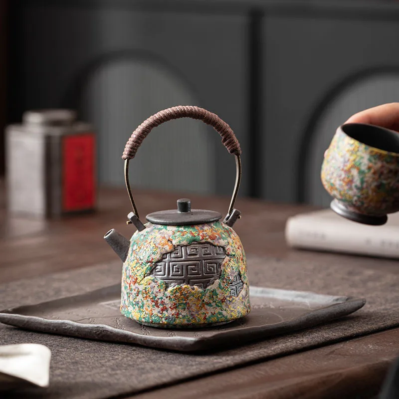 Zen Style Ceramic Tea Pot Rattan Woven Bail Handle Tea Brewer with Filter Single Kettle Household Chinese Tea Drinking Utensil