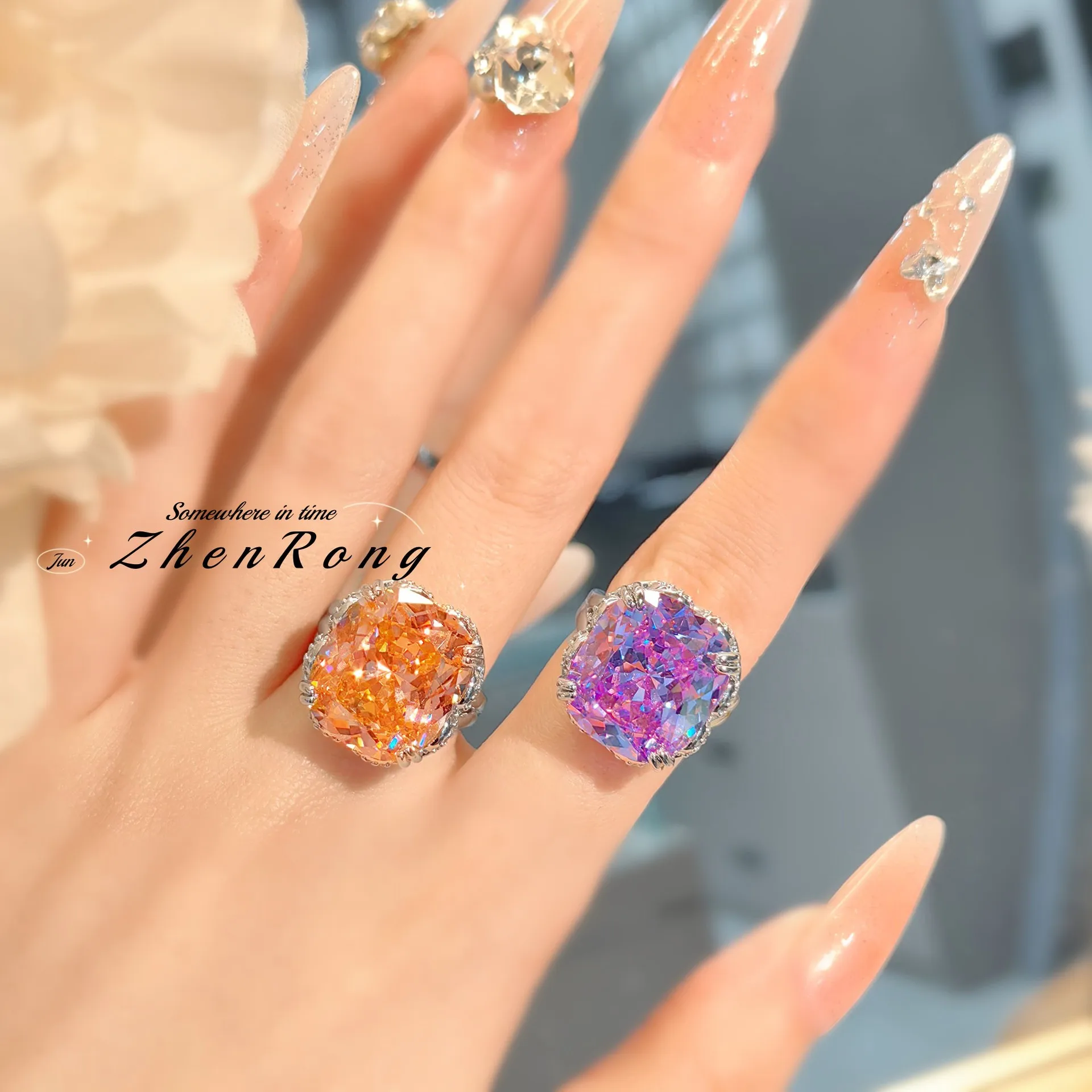 Light Luxury Paparrachal Flower Cut the Ring inlaid Purple Gear High Carbon Diamond Operation Sweet and Fashion Retro Girls