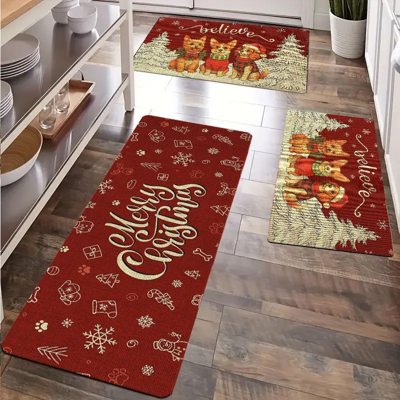 

Red Christmas Decorative Kitchen Carpet with Dog Print Machine Washable Plush Material for Kitchen Bedroom Use