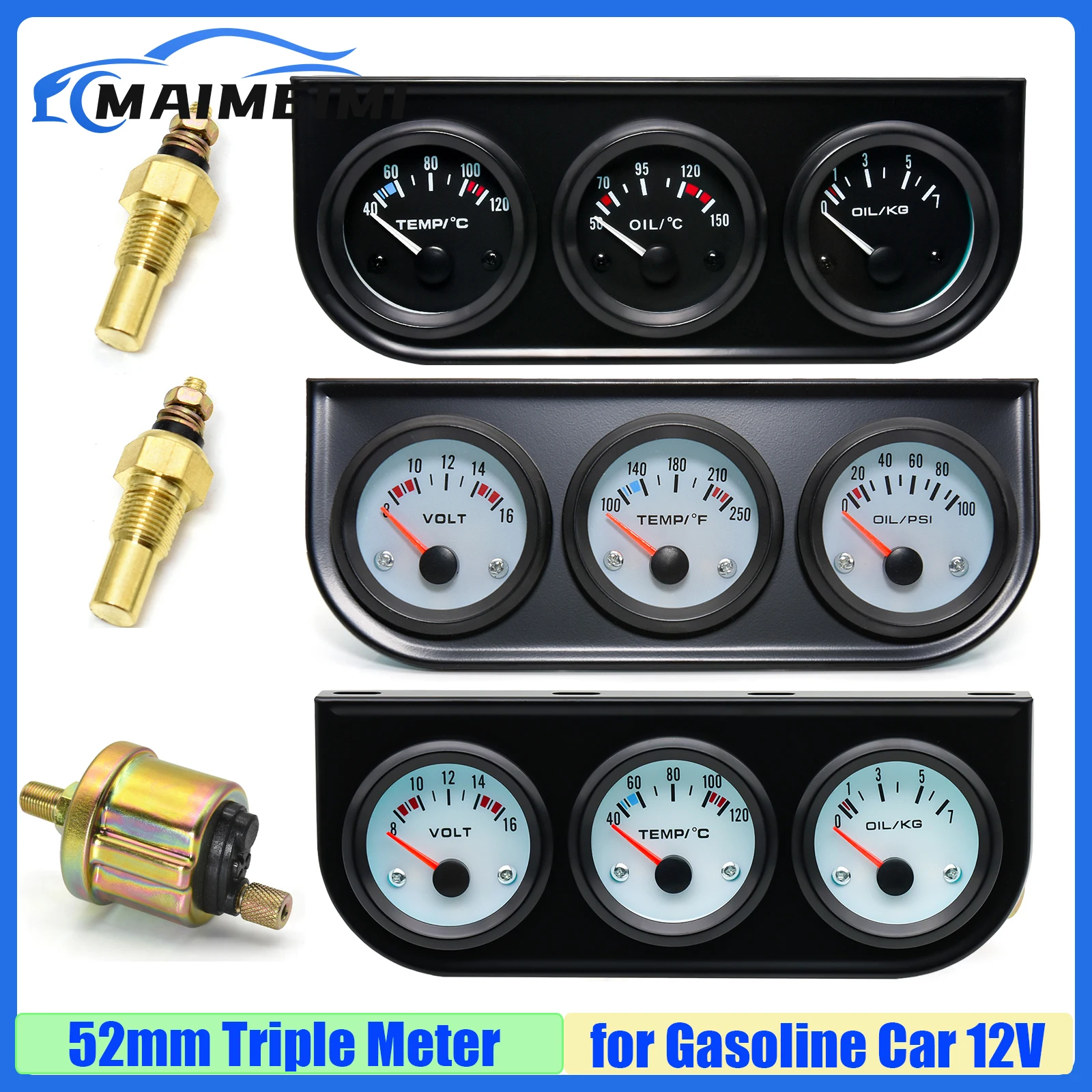 

Потрой манометр MAIMEIMI 52 мм с сенсорным указателем, температура воды, температура масла, измеритель давления масла, напряжение 3 в 1, комплект тройного манометра