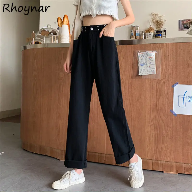 

Jeans Women Youth Ins New Vintage Fashion Full Length Casual High Waist Autumn Wide Leg Female Pockets Hong Kong Style Street